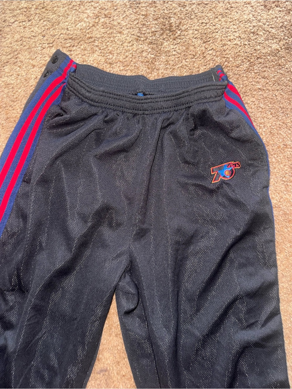 Vintage Philadelphia 76ers Black Track Pants with Red & Blue Stripes